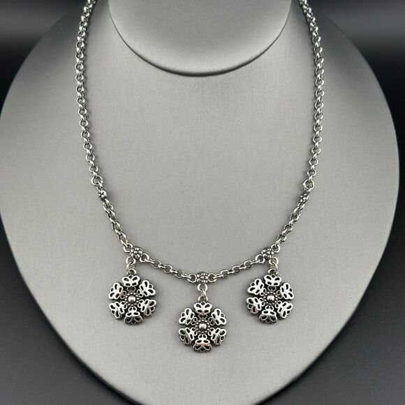 BRIGHTON Three Flowers Snowflakes Silver-tone Cable Chain Necklace 17" - Picture 2 of 9